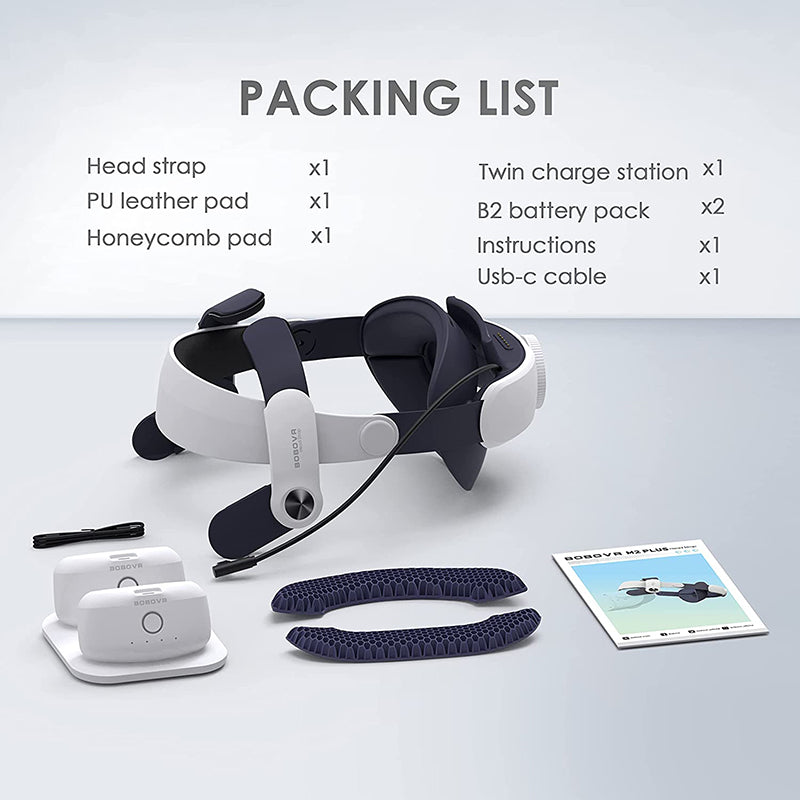 BOBOVR M2 Plus-2 For Oculus Quest 2 VR Glasses Replacement Head Strap with 2 5200mAh Magnetic Battery Pack and Charging Station