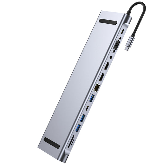 2003U2 Multi-Port 12-in-1 USB-C Docking Station Mini Metal USB Hub Converter Portable Type-C Adapter Support Dual HD 4K  /  30Hz, PD 100W, VGA, RJ45 100Mbps