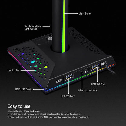 RGB Headphone Desktop Stand Gaming Headset Holder with 3.5mm AUX 2 USB Ports for Bose JBL AKG
