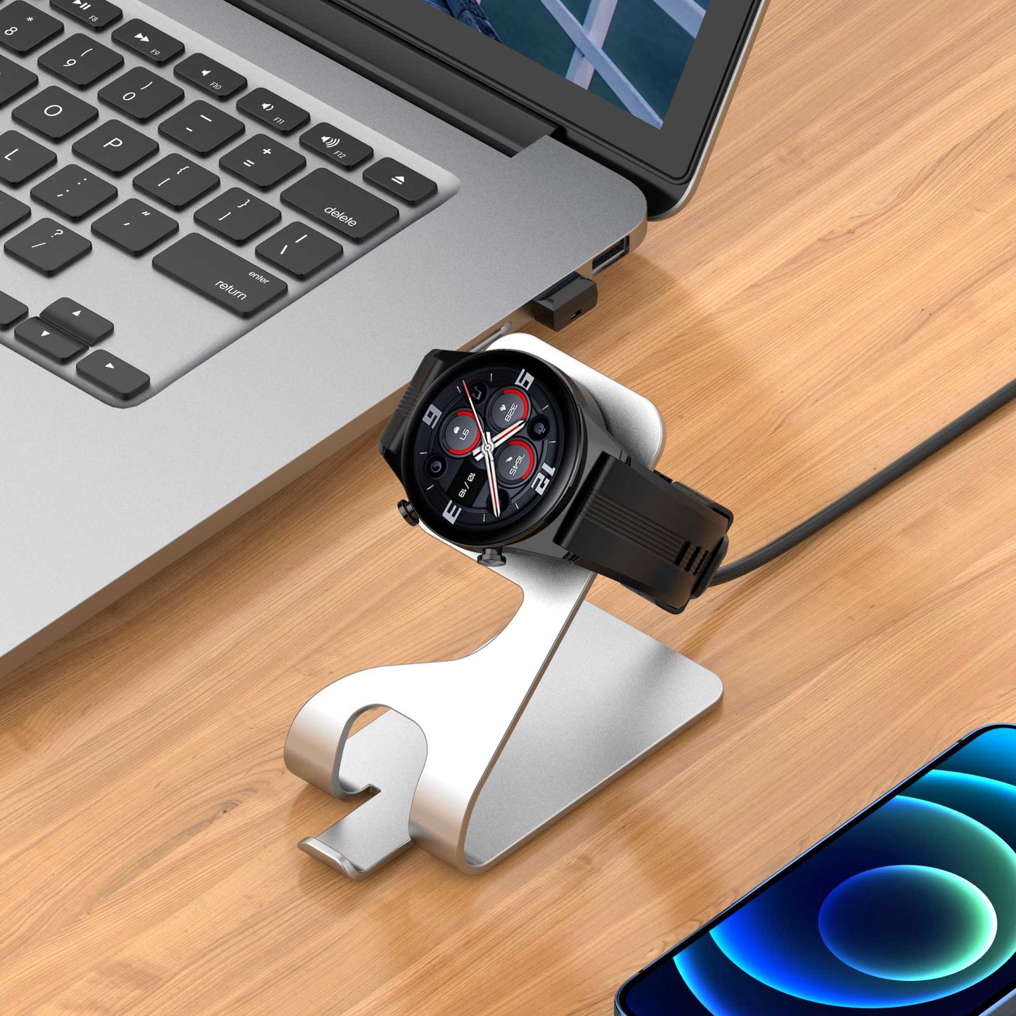 For Honor Watch GS3 Charging Cable Smart Watch Charger with Aluminum Alloy Bracket Stand Set (with Magnetic Function and Chip Protection)