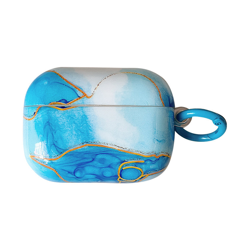 For Apple AirPods 3 IMD Marble Pattern Soft TPU Protective Case Glossy Bluetooth Earphone Drop-proof Cover with Ring Buckle