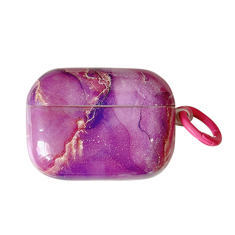 For Apple AirPods 3 IMD Marble Pattern Soft TPU Protective Case Glossy Bluetooth Earphone Drop-proof Cover with Ring Buckle