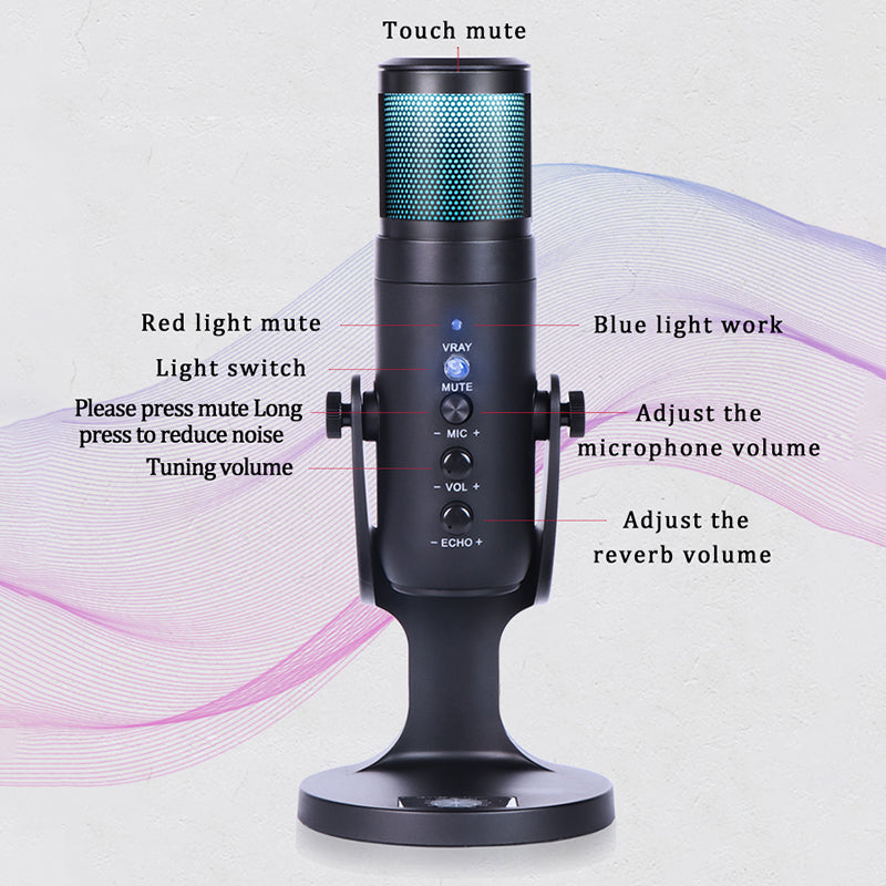 DLDZ JD-950 Gaming Live Streaming Condenser Microphone with RGB Dynamic Light 360&#176; Rotatable Type-C Mic for Windows Desktop PC Laptop