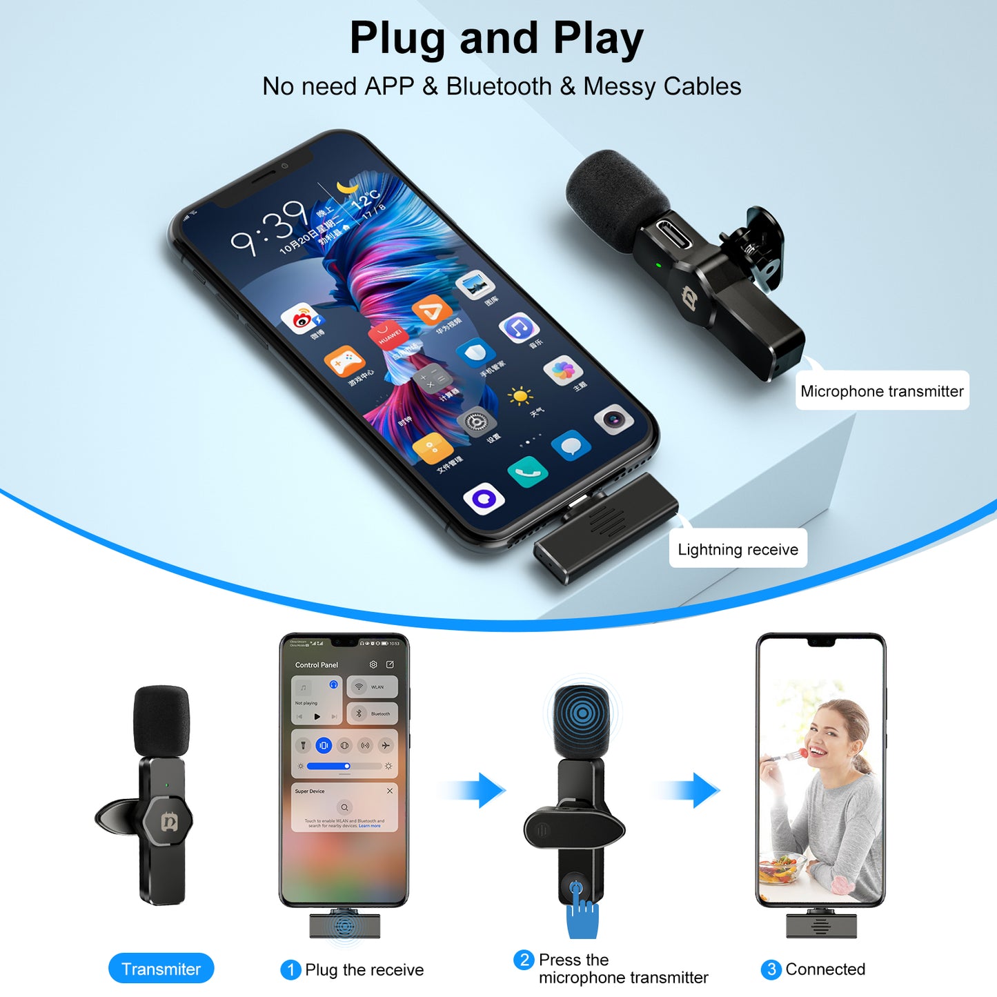 PULUZ PU3082 Wireless Lavalier Microphone Portable Audio Recording Mini Microphone for Smartphone