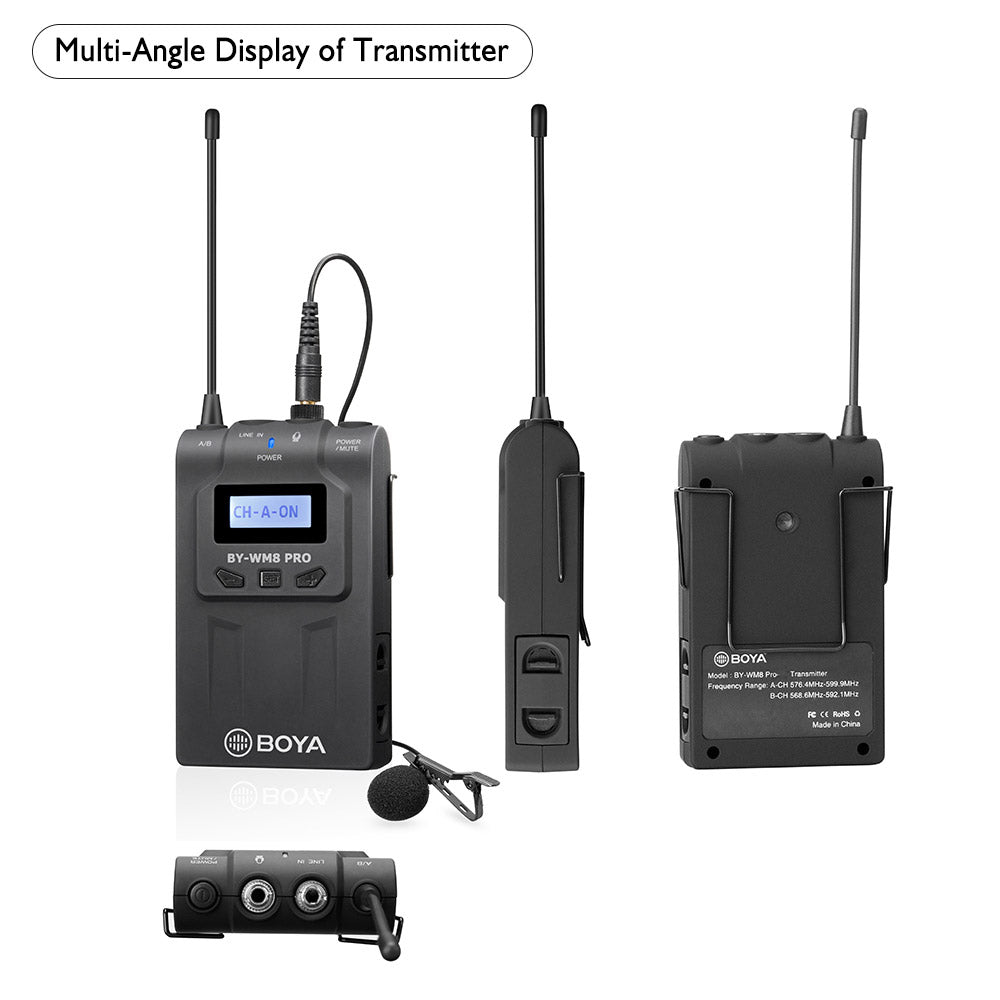 BOYA BY-WM8 Pro-k7 UHF Wireless Microphone System Transmitter+XLR Plug-on Receiver LCD Display 48 Channels 50M Effective Range Lavalier Mic