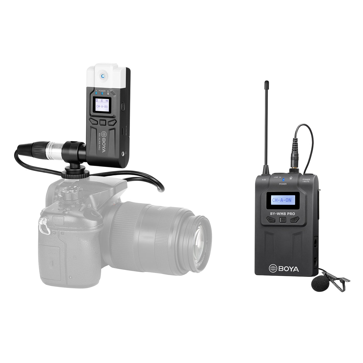 BOYA BY-WM8 Pro-k7 UHF Wireless Microphone System Transmitter+XLR Plug-on Receiver LCD Display 48 Channels 50M Effective Range Lavalier Mic