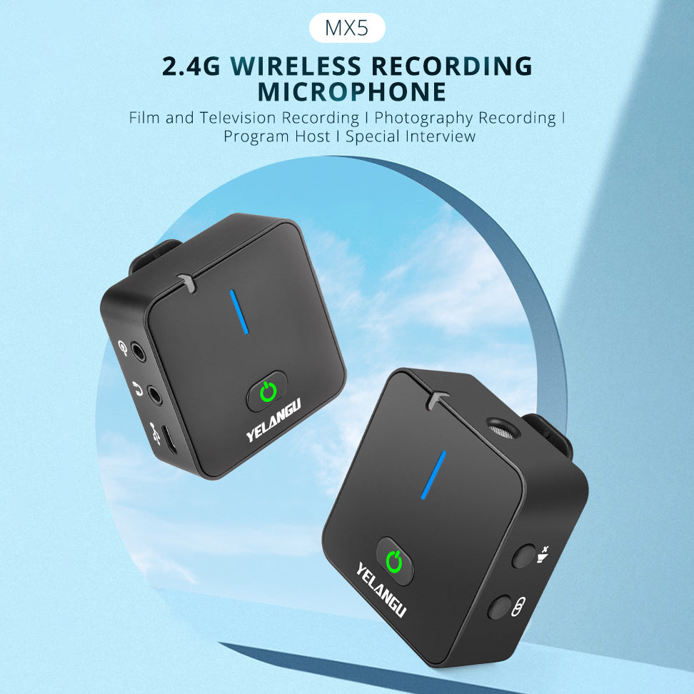 YELANGU MX5 Portable Lavalier Microphone Interview Recording Wireless Mic for Smartphone PC DSLR Camera