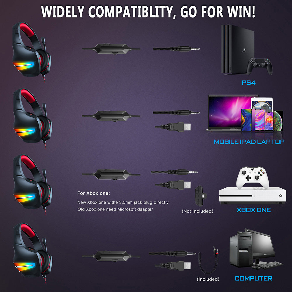 ERXUNG J6 Gaming Headset RGB Luminous Wired Control Over Ear Headphone with Microphone