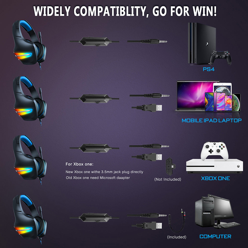 ERXUNG J6 Gaming Headset RGB Luminous Wired Control Over Ear Headphone with Microphone