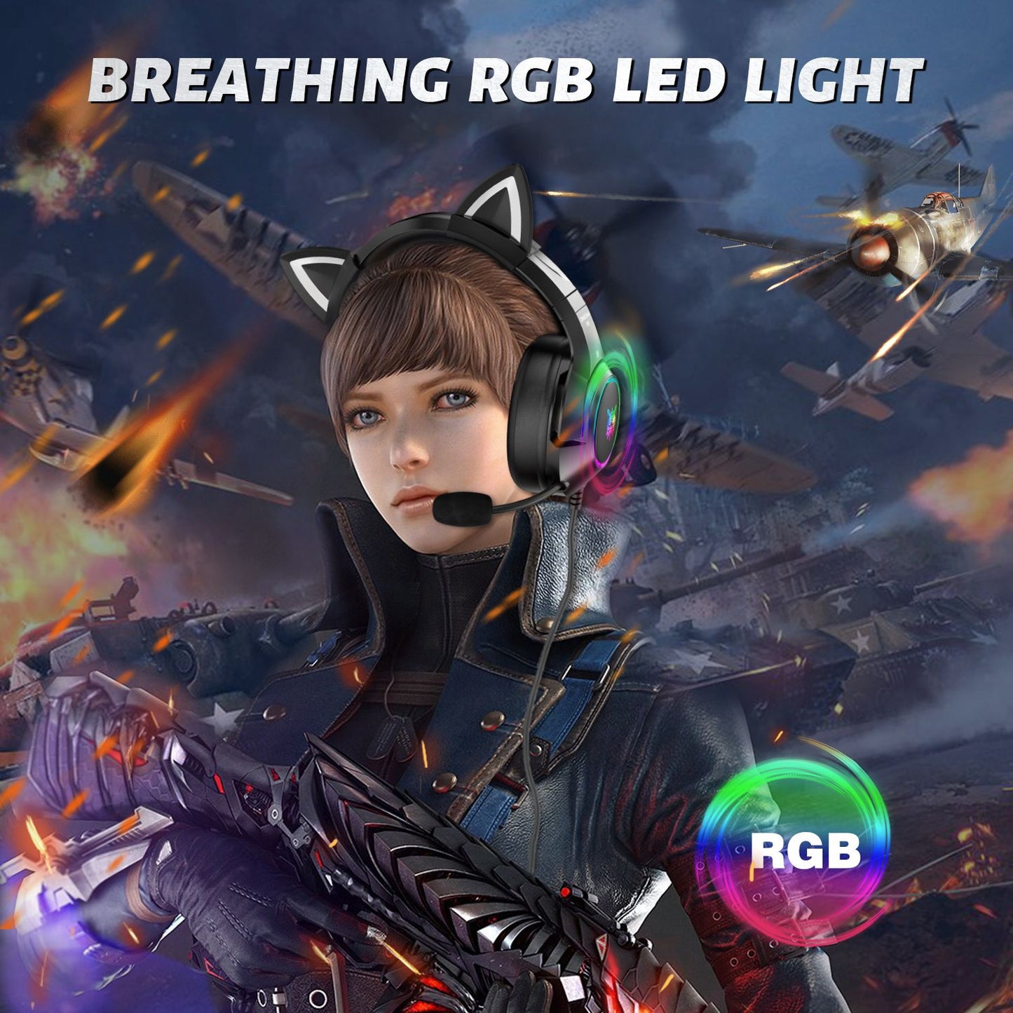 ONIKUMA K9 Cute Cat Ear Girls Gaming Headphones Head-Mounted PC Stereo Earphone Headphone with Mic LED Light