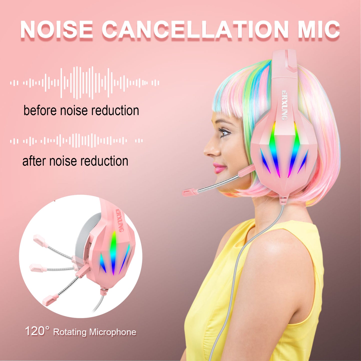 ERXUAN J5 Wired Over-Ear Headphone Gaming Headset with Noise Isolation Mic LED RGB Light Surround Sound