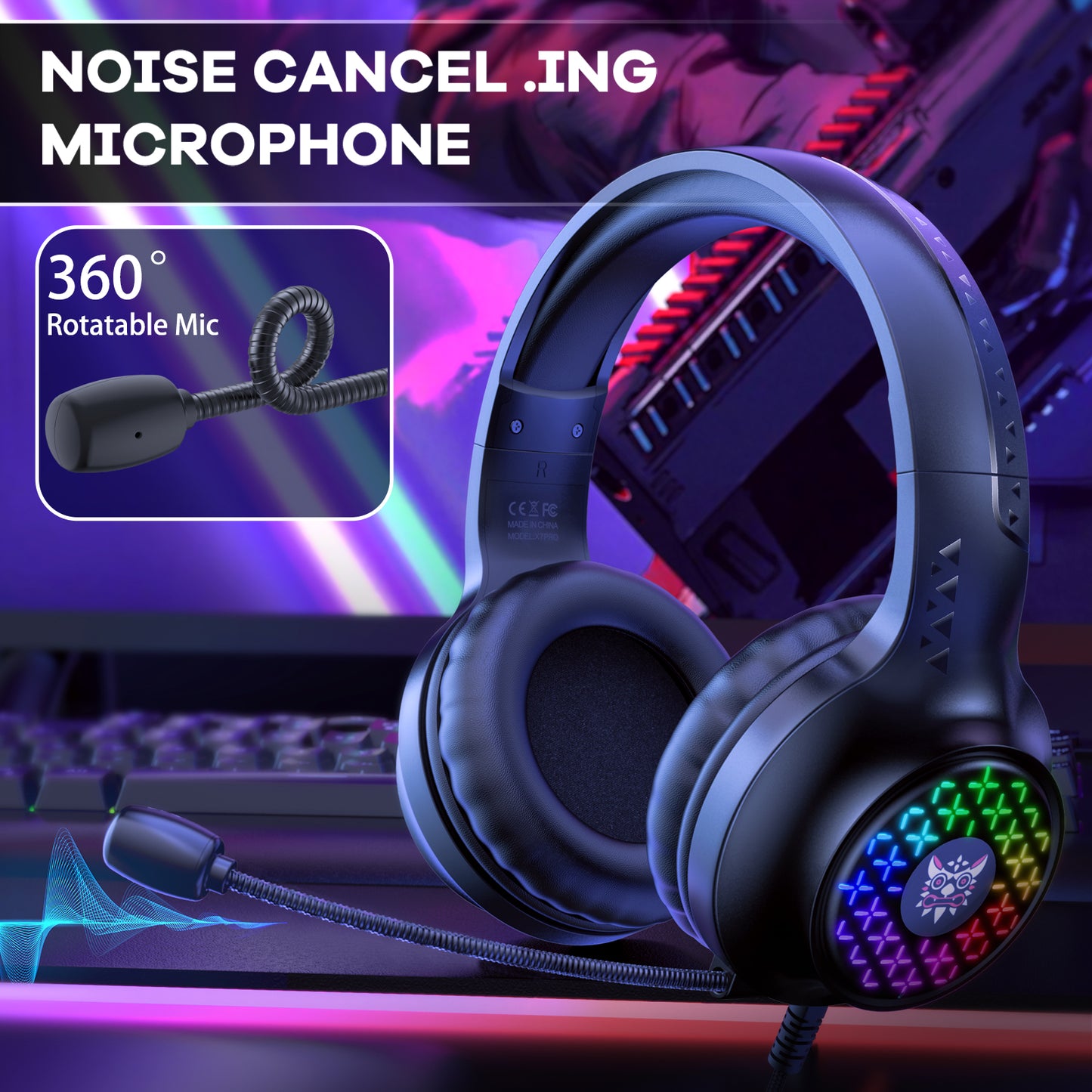 ONIKUMA X7 Pro Gaming Headset Wired Computer Headphone with Microphone for PC Xbox PS4, RGB Light
