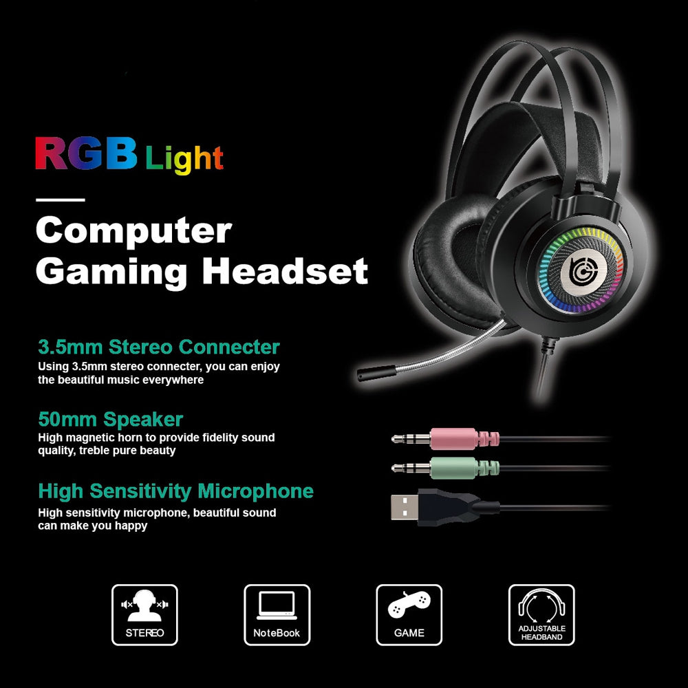 GT9 RGB Light Design Head-mounted Wired Stereo Sound E-sports Headphone Computer Gaming Headset with Adjustable Angle Mic