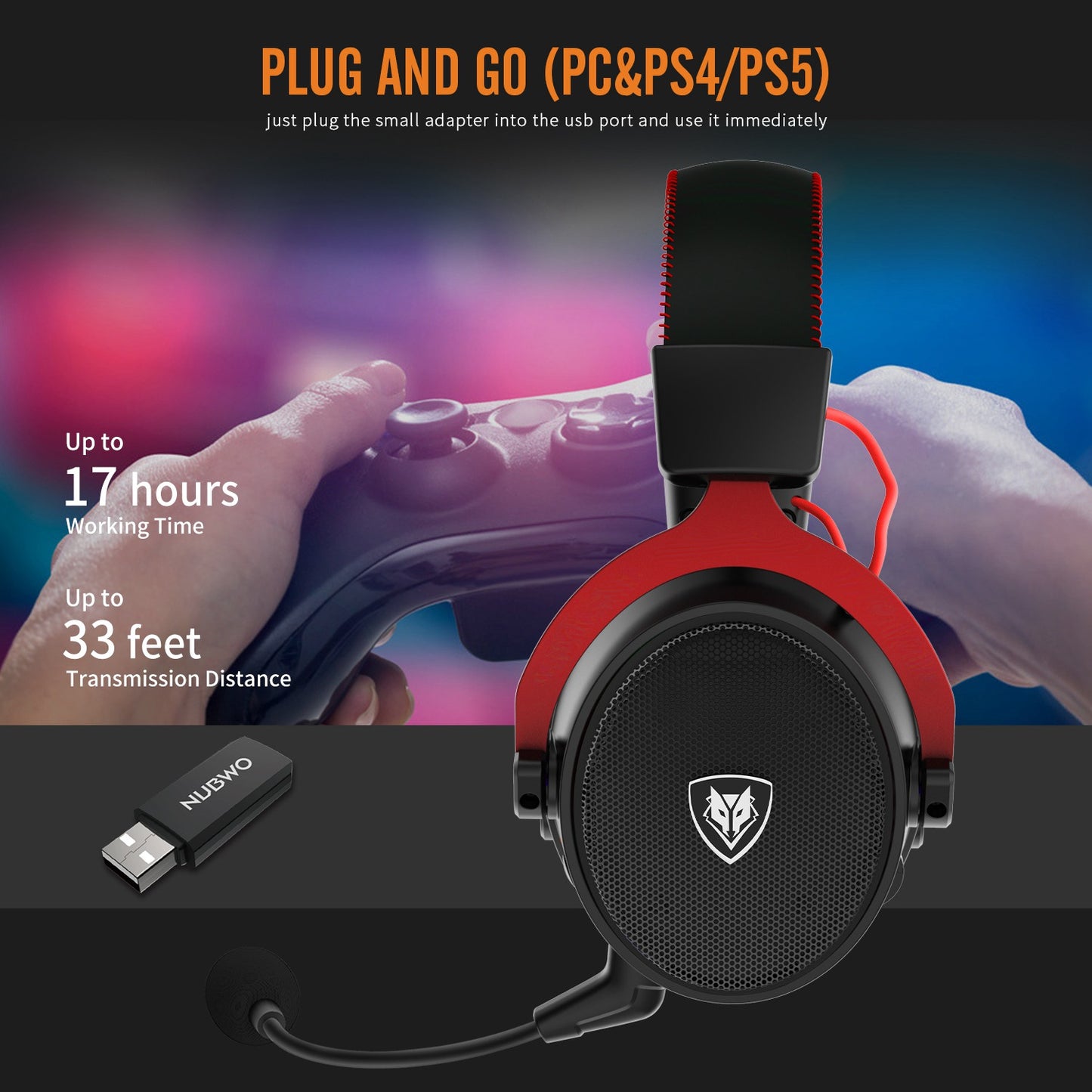 NUBWO G07 2.4G Gaming Headset Wireless Headphone with Noise Reduction Mic Stereo Cordless Earphone for PC, Laptops, PS4, PS5, Nintendo Switch