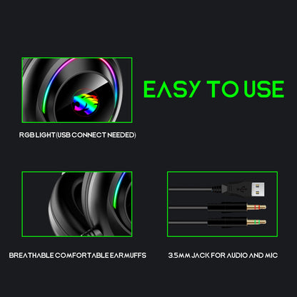 IMYB A22 Over Ear Wired Headphones with Adjustable Microphone Stereo RGB Gaming Headset
