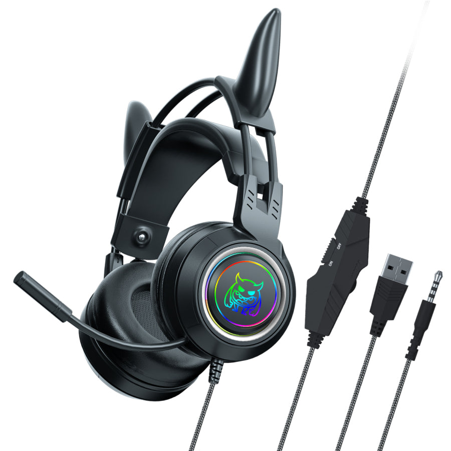 SY-G25 Devil Ears Design RGB Lighting Wired Control Gaming Earphone 3D Surround Sound Game Headset with HD Mic