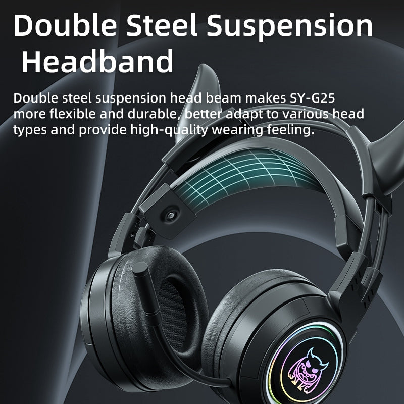 SY-G25 Devil Ears Design RGB Lighting Wired Control Gaming Earphone 3D Surround Sound Game Headset with HD Mic