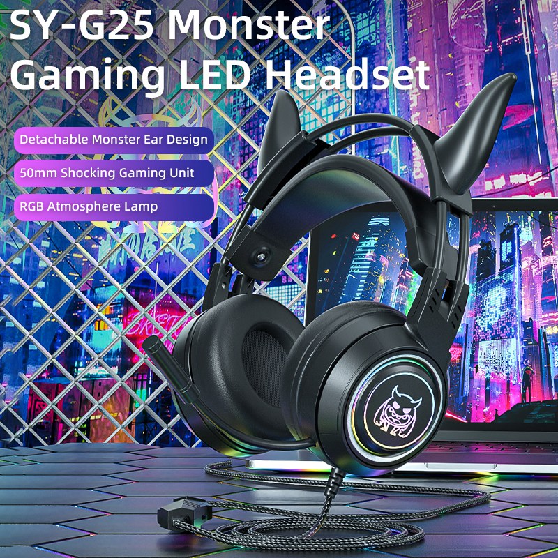 SY-G25 Devil Ears Design RGB Lighting Wired Control Gaming Earphone 3D Surround Sound Game Headset with HD Mic