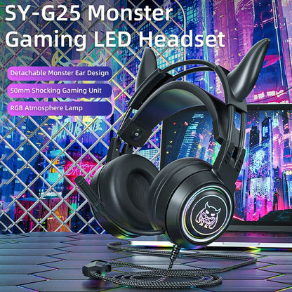 SY-G25 Devil Ears Design RGB Lighting Wired Control Gaming Earphone 3D Surround Sound Game Headset with HD Mic