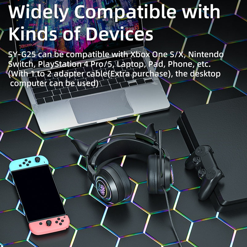 SY-G25 Devil Ears Design RGB Lighting Wired Control Gaming Earphone 3D Surround Sound Game Headset with HD Mic