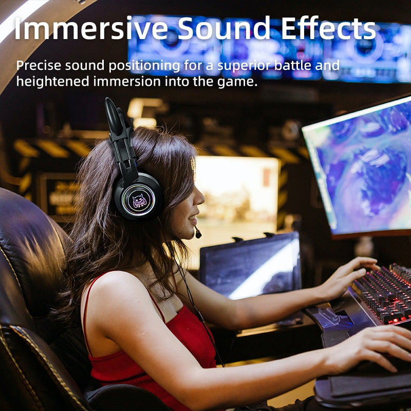 SY-G25 Devil Ears Design RGB Lighting Wired Control Gaming Earphone 3D Surround Sound Game Headset with HD Mic