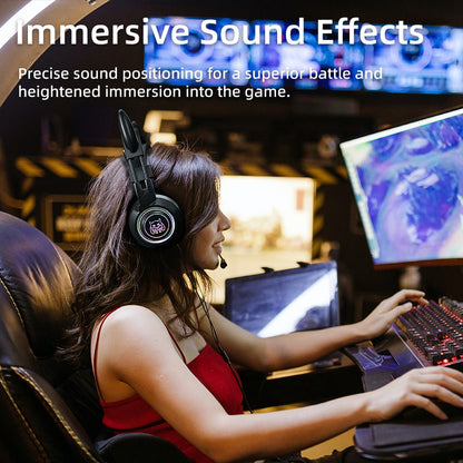 SY-G25 Devil Ears Design RGB Lighting Wired Control Gaming Earphone 3D Surround Sound Game Headset with HD Mic