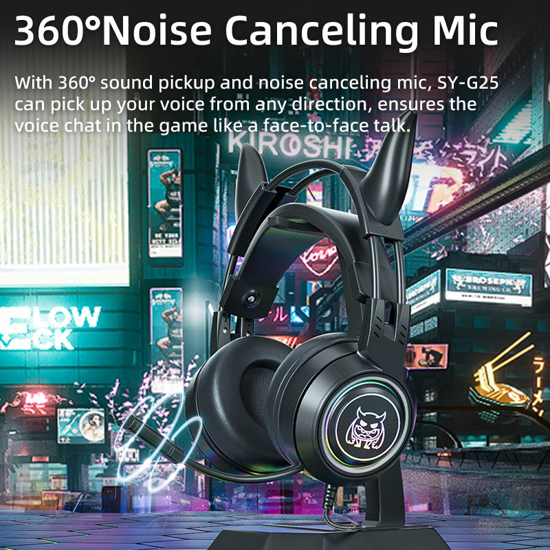 SY-G25 Devil Ears Design RGB Lighting Wired Control Gaming Earphone 3D Surround Sound Game Headset with HD Mic