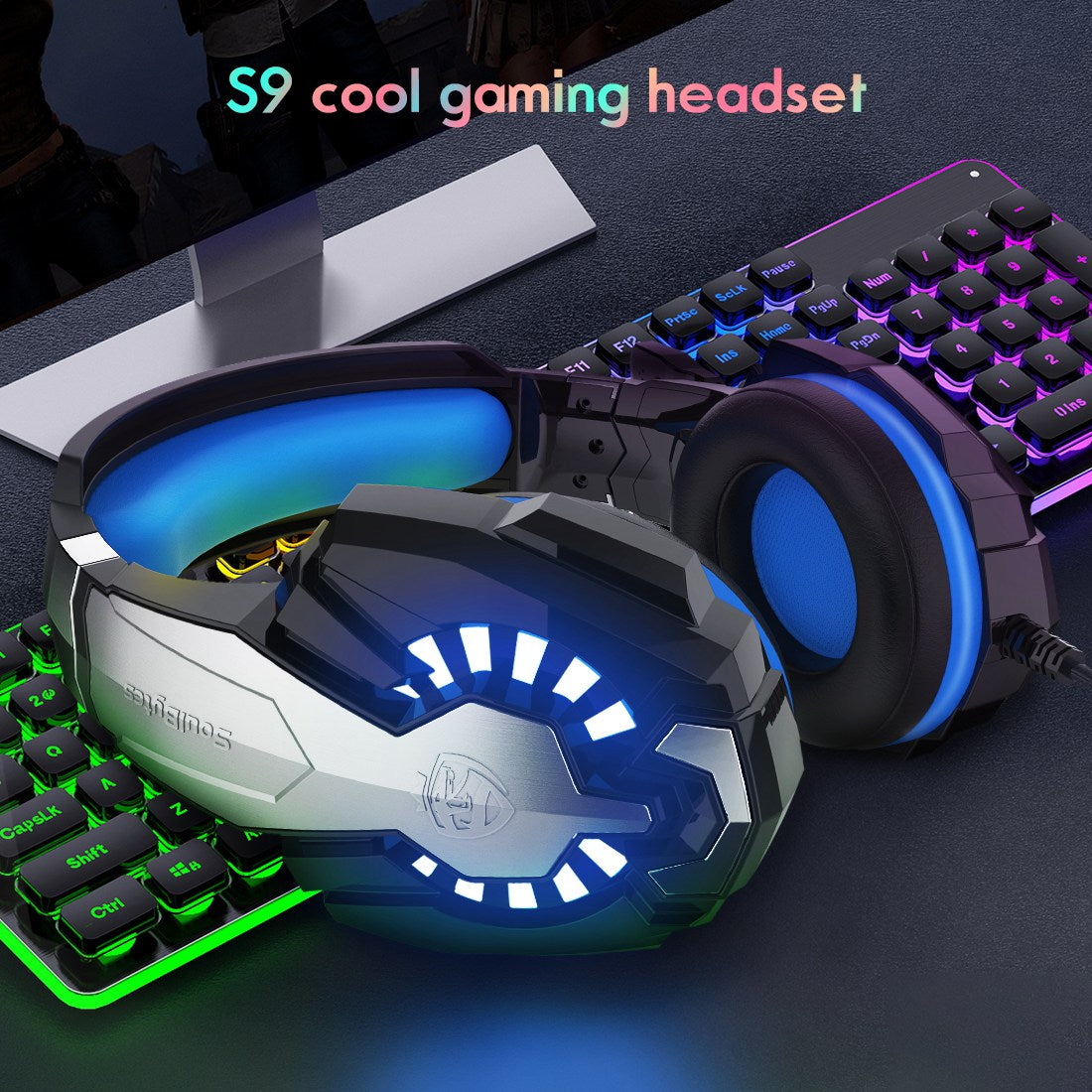 SOULBYTES S9 USB+3.5mm Wired Over-Ear Heavy Bass E-sports Headphone Volume Adjustable Gaming Headset with LED Light