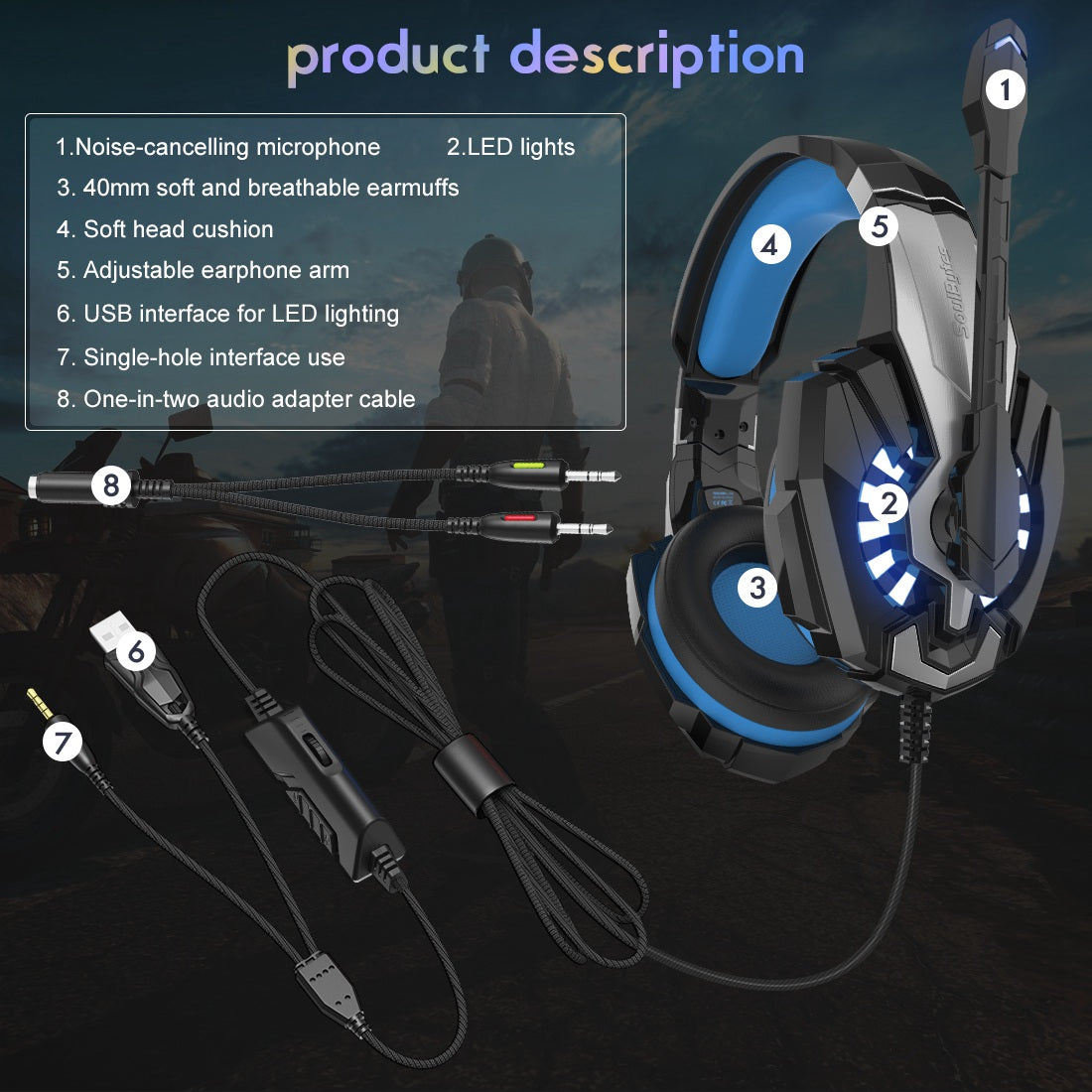 SOULBYTES S9 USB+3.5mm Wired Over-Ear Heavy Bass E-sports Headphone Volume Adjustable Gaming Headset with LED Light