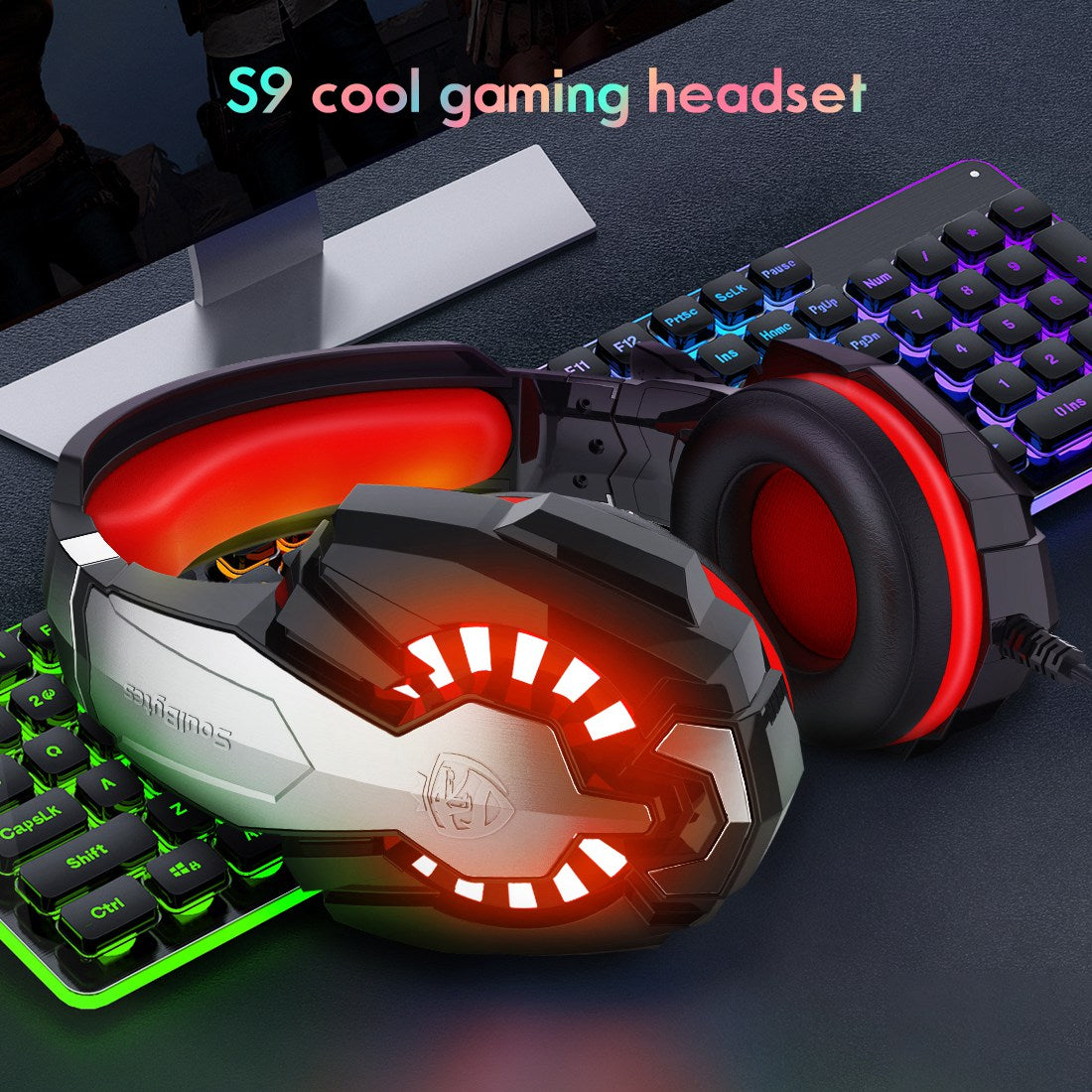 SOULBYTES S9 USB+3.5mm Wired Over-Ear Heavy Bass E-sports Headphone Volume Adjustable Gaming Headset with LED Light