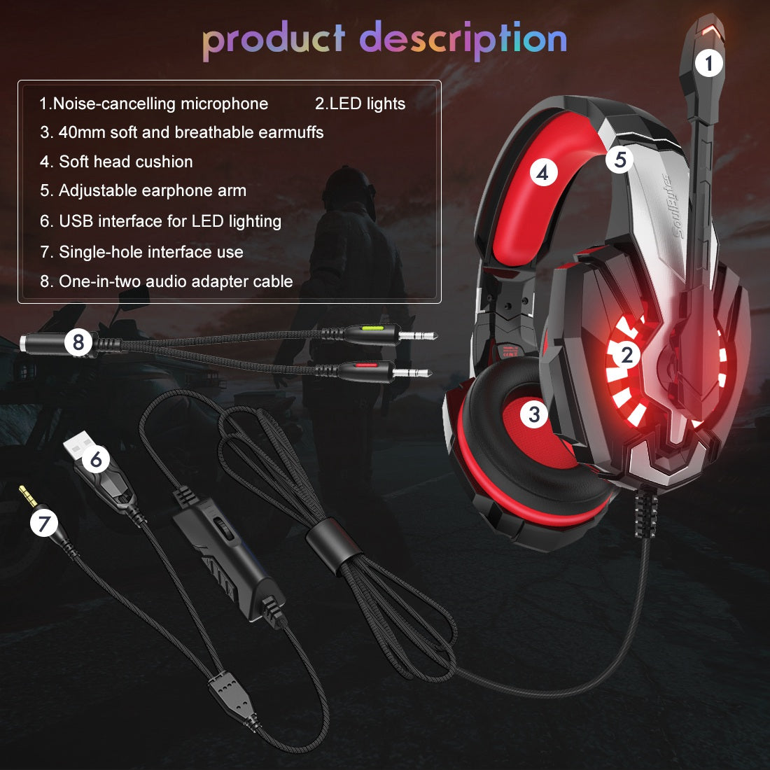 SOULBYTES S9 USB+3.5mm Wired Over-Ear Heavy Bass E-sports Headphone Volume Adjustable Gaming Headset with LED Light