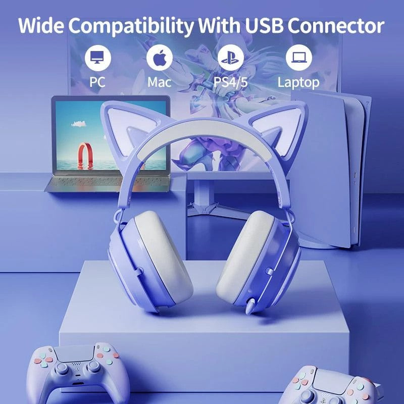 SOMIC GS510 Cute Cat Ear Design USB7.1 Wired Over-Ear E-sports Headphone RGB LED Light Music Gaming Headset