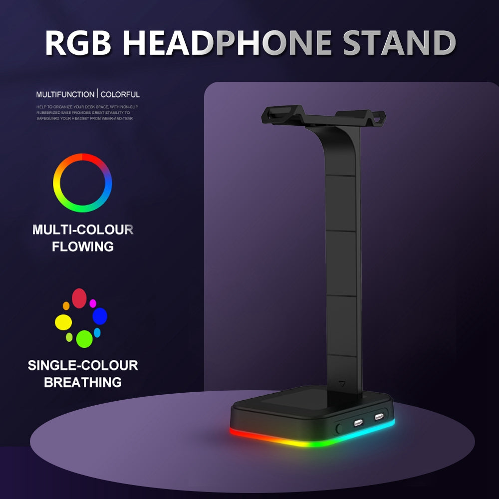 RGBD9  RGB Color Changing Light Headset Rack Holder Dual USB Hub Gaming Headset Display Stand