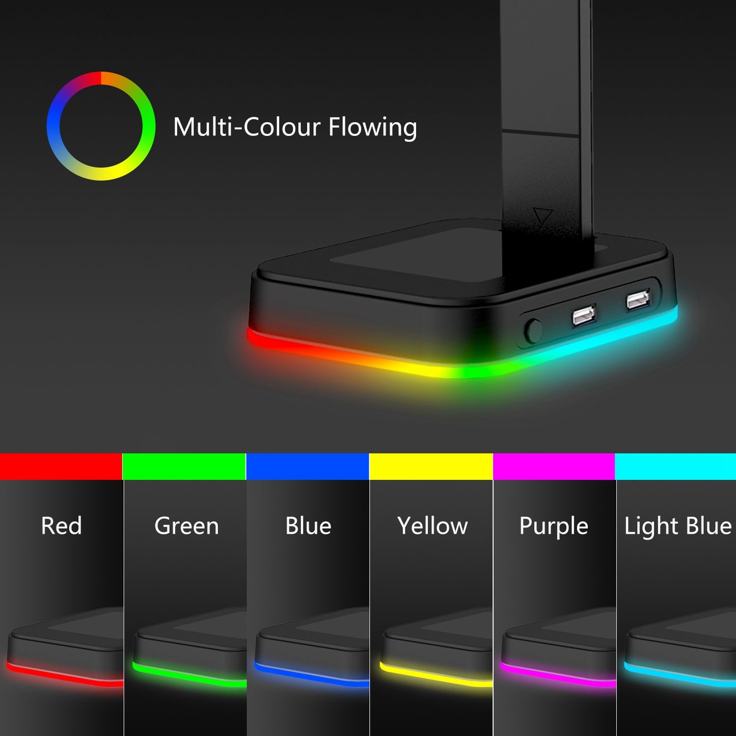 RGBD9  RGB Color Changing Light Headset Rack Holder Dual USB Hub Gaming Headset Display Stand