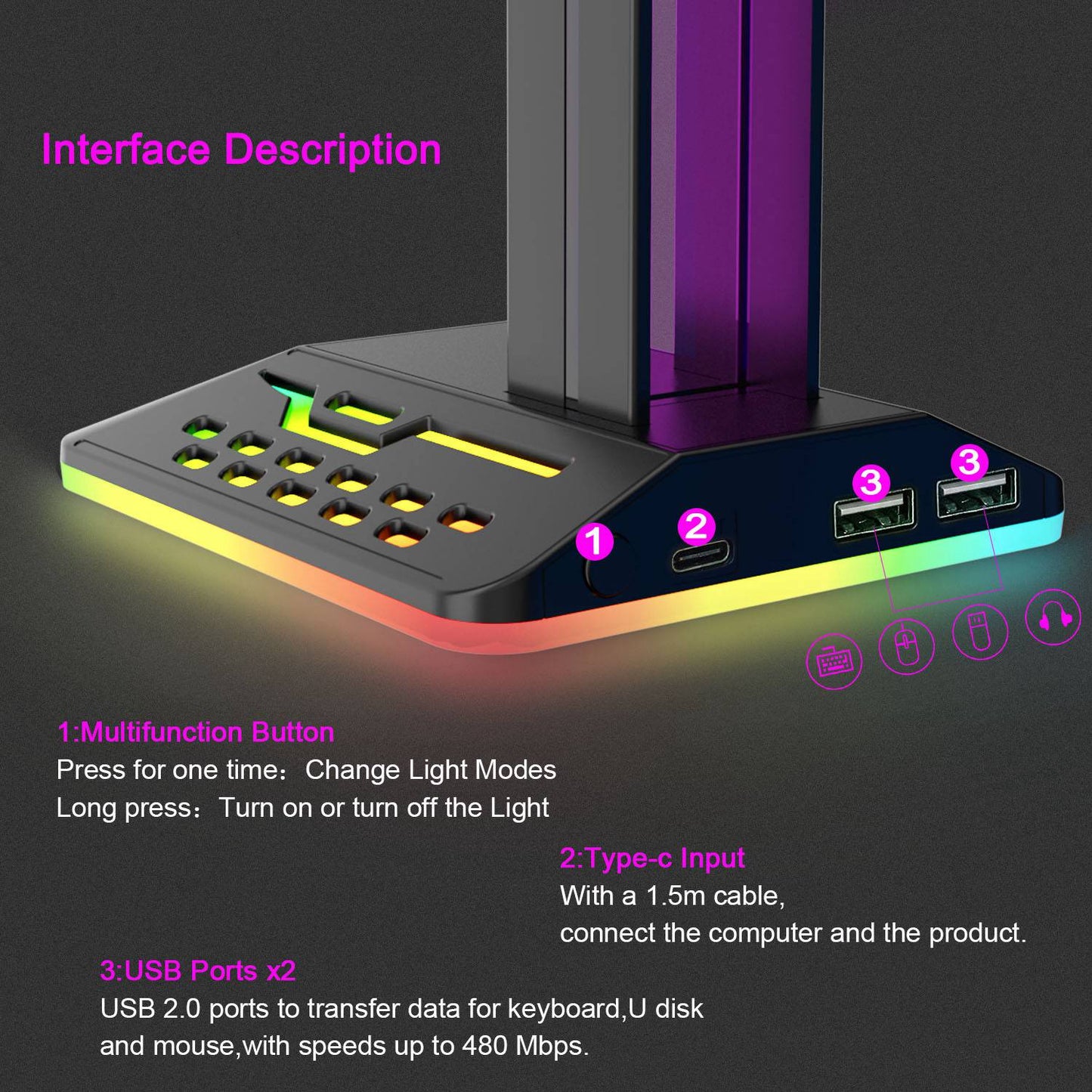 RGBD8 Dual USB Hub Headset Holder RGB Color Changing Light Gaming Headphone Display Stand