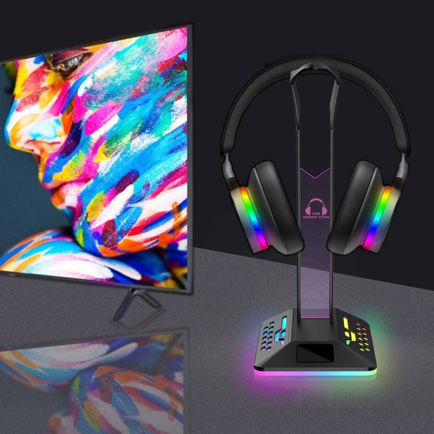 RGBD8 Dual USB Hub Headset Holder RGB Color Changing Light Gaming Headphone Display Stand