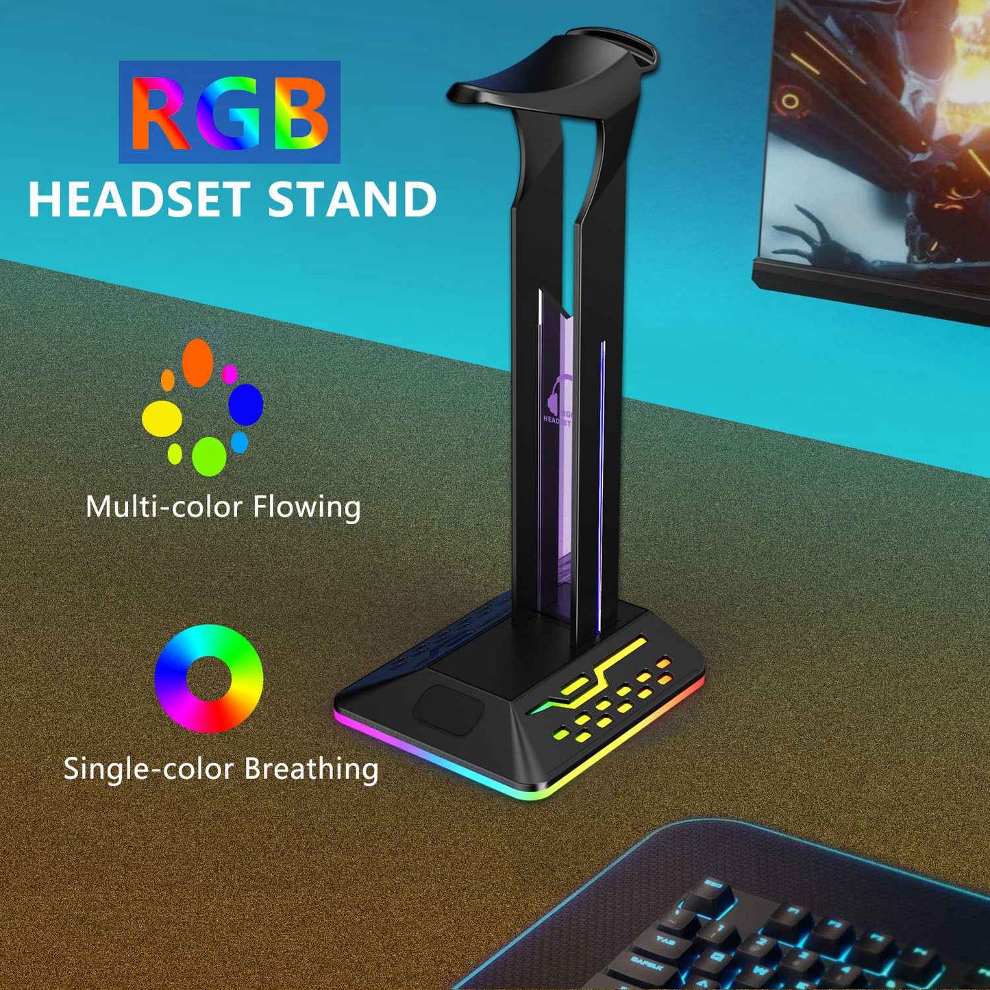 RGBD8 Dual USB Hub Headset Holder RGB Color Changing Light Gaming Headphone Display Stand