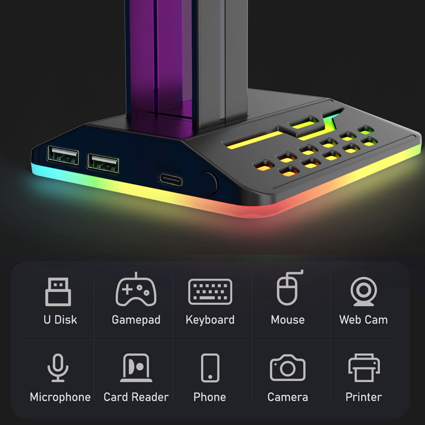RGBD8 Dual USB Hub Headset Holder RGB Color Changing Light Gaming Headphone Display Stand