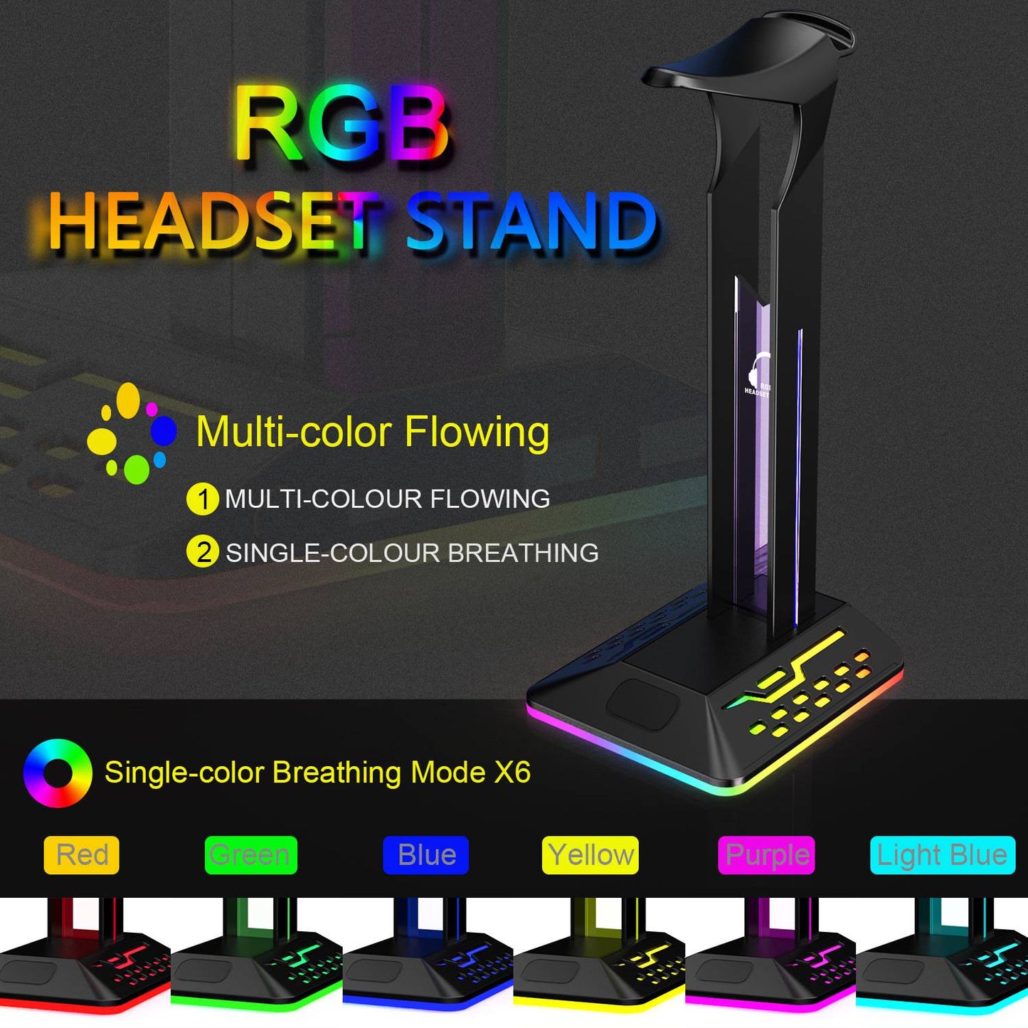 RGBD8 Dual USB Hub Headset Holder RGB Color Changing Light Gaming Headphone Display Stand