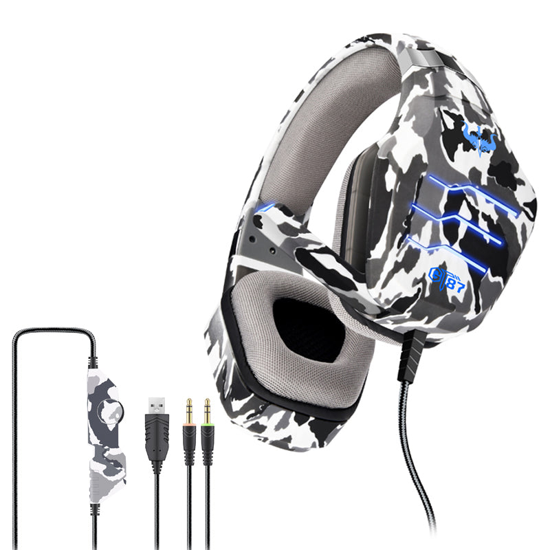 OVLENG GT87 USB+2*3.5mm Wired E-sports Gaming Headphone Camouflage Ergonomic Over-Ear Headset with LED Light