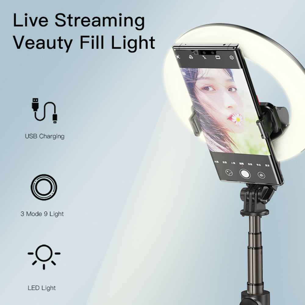YESIDO SF12 Portable Bluetooth Remote Control Telescopic Phone Holder Tripod Selfie Stick with Ring Fill Light