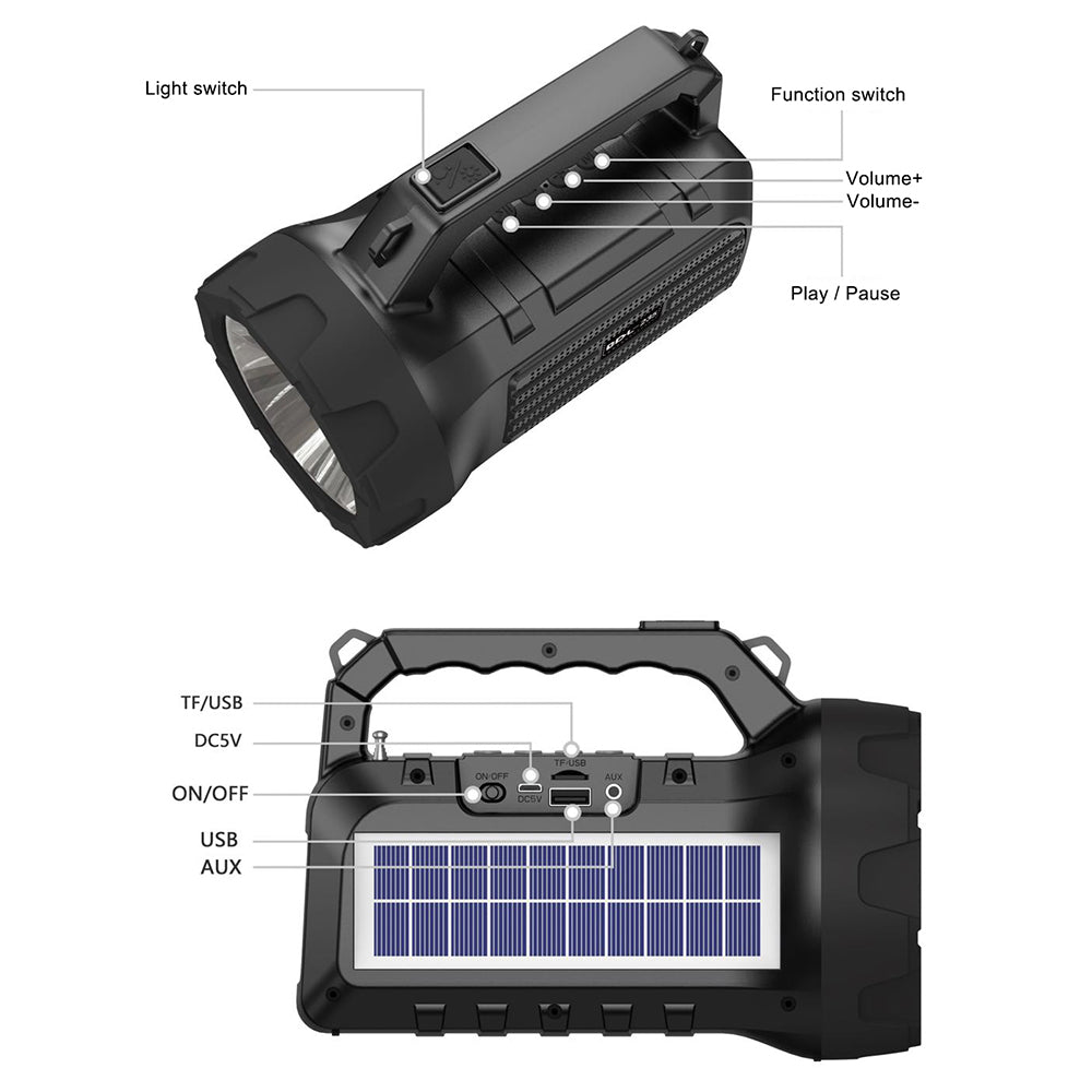BDL-235 Portable Outdoor Solar Rechargeable Bluetooth Speaker LED Flashlight FM Radio Wireless Music Subwoofer Support TF / U-disk / AUX