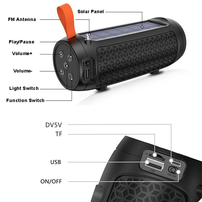 DV-215 Portable Outdoor Solar Rechargeable Bluetooth Speaker LED Flashlight FM Radio Wireless Music Subwoofer Support TF / U-disk