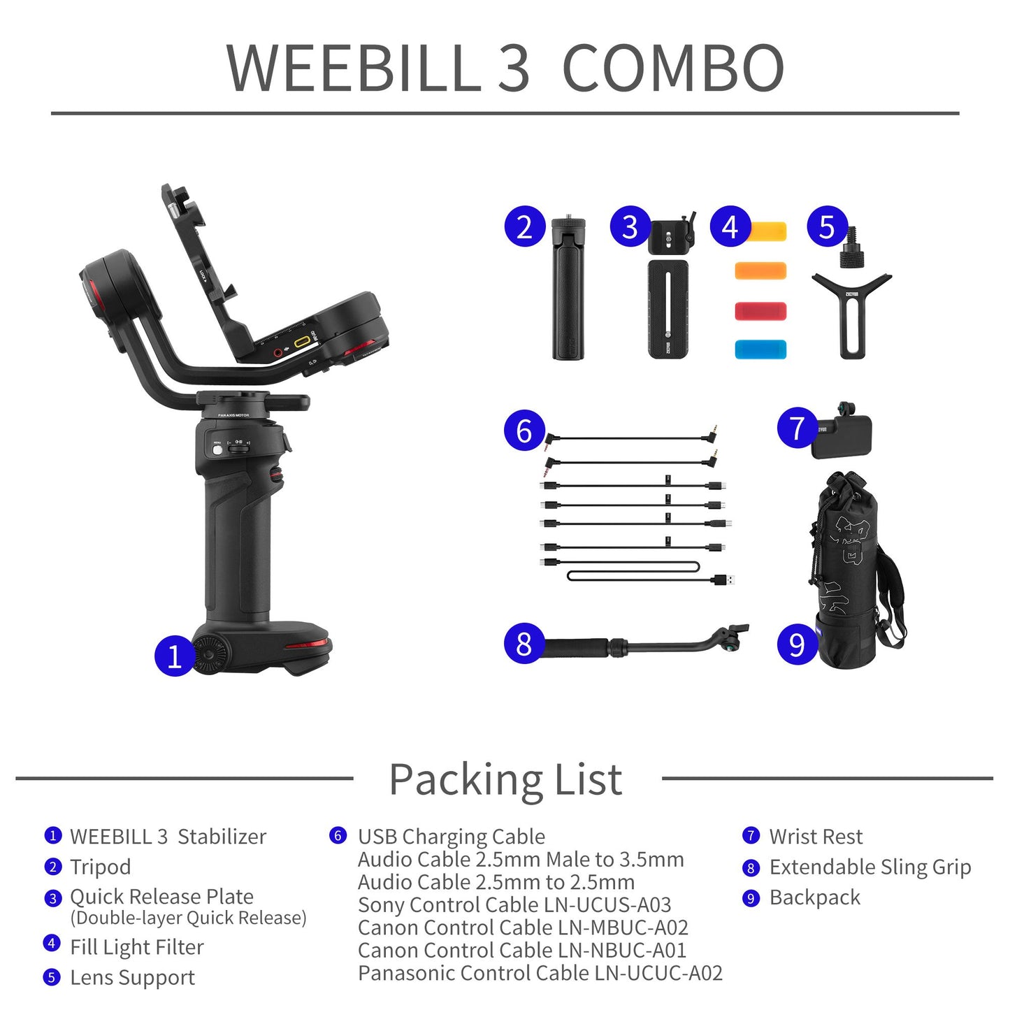ZHIYUN WEEBILL 3 Portable Gimbal Stabilizer for SLR Cameras Handheld Sling Mode Camera Holder with Extendable Sling Grip - Combo Version