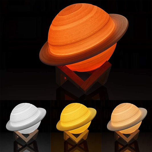 15cm Saturn Lamp with Wood Stand 16 Colors LED 3D Print Decor USB Rechargeable Remote & Touch Control Nursery Night Light