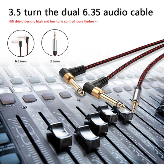 1m JY-01 3.5mm Male to Dual 90 Degree 6.35mm Male Right Angle Y Cable AUX Splitter Audio Cord for Speaker Amplifier Mixer