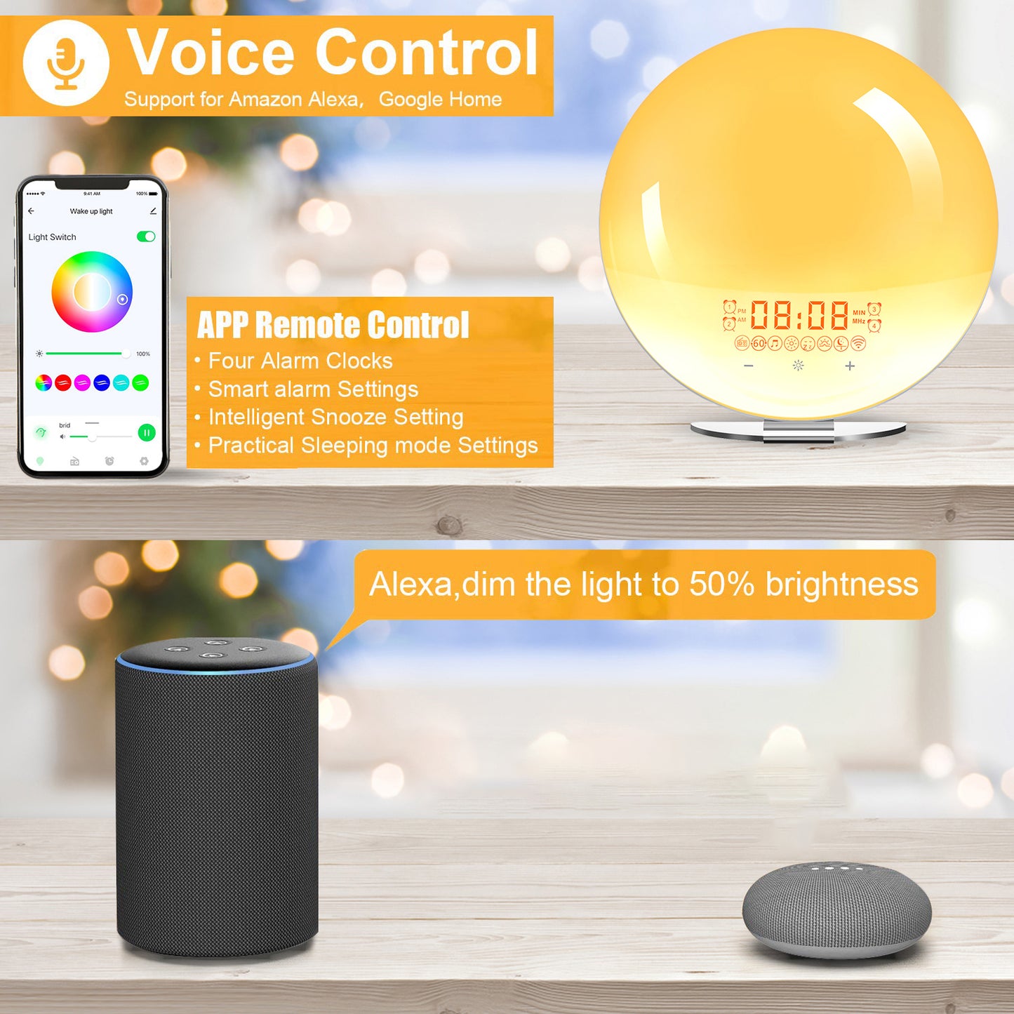 SH-02S Sunrise Sunset Simulation Smart WiFi Wake Up Light App Voice Control Alarm Clock FM Radio Bedside Lamp