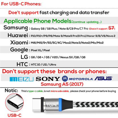 TOPK AM33 360 Degree Round Two-color Nylon Braided Magnetic Type-C USB Charging Cable for Samsung Huawei Xiaomi