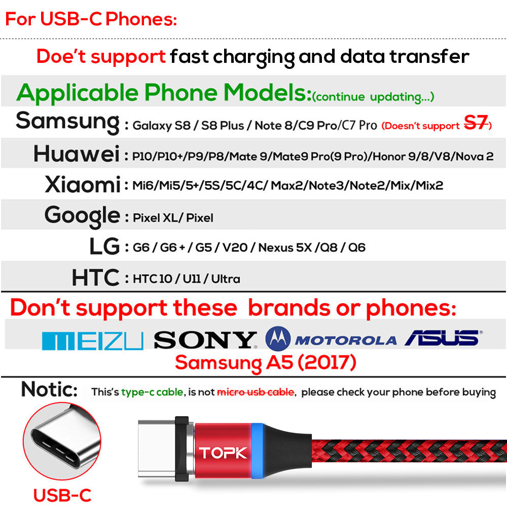 TOPK AM33 360 Degree Round Two-color Nylon Braided Magnetic Type-C USB Charging Cable for Samsung Huawei Xiaomi