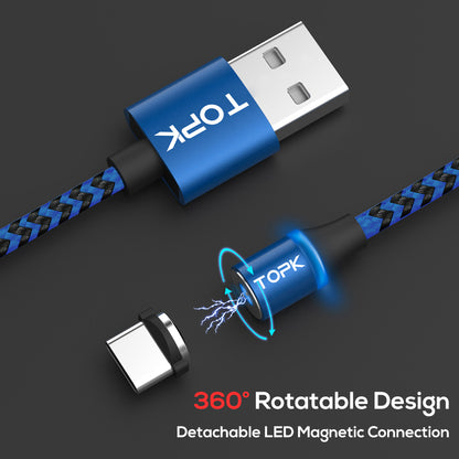 TOPK AM33 360 Degree Round Two-color Nylon Braided Magnetic Type-C USB Charging Cable for Samsung Huawei Xiaomi